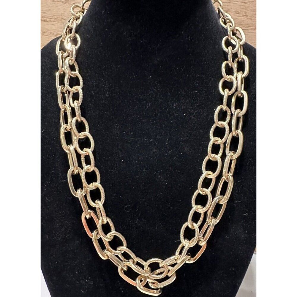 Woman’s Gold Tone 2 Chain Necklace Chunky Statement Thick Ribbed Smooth 25-27”